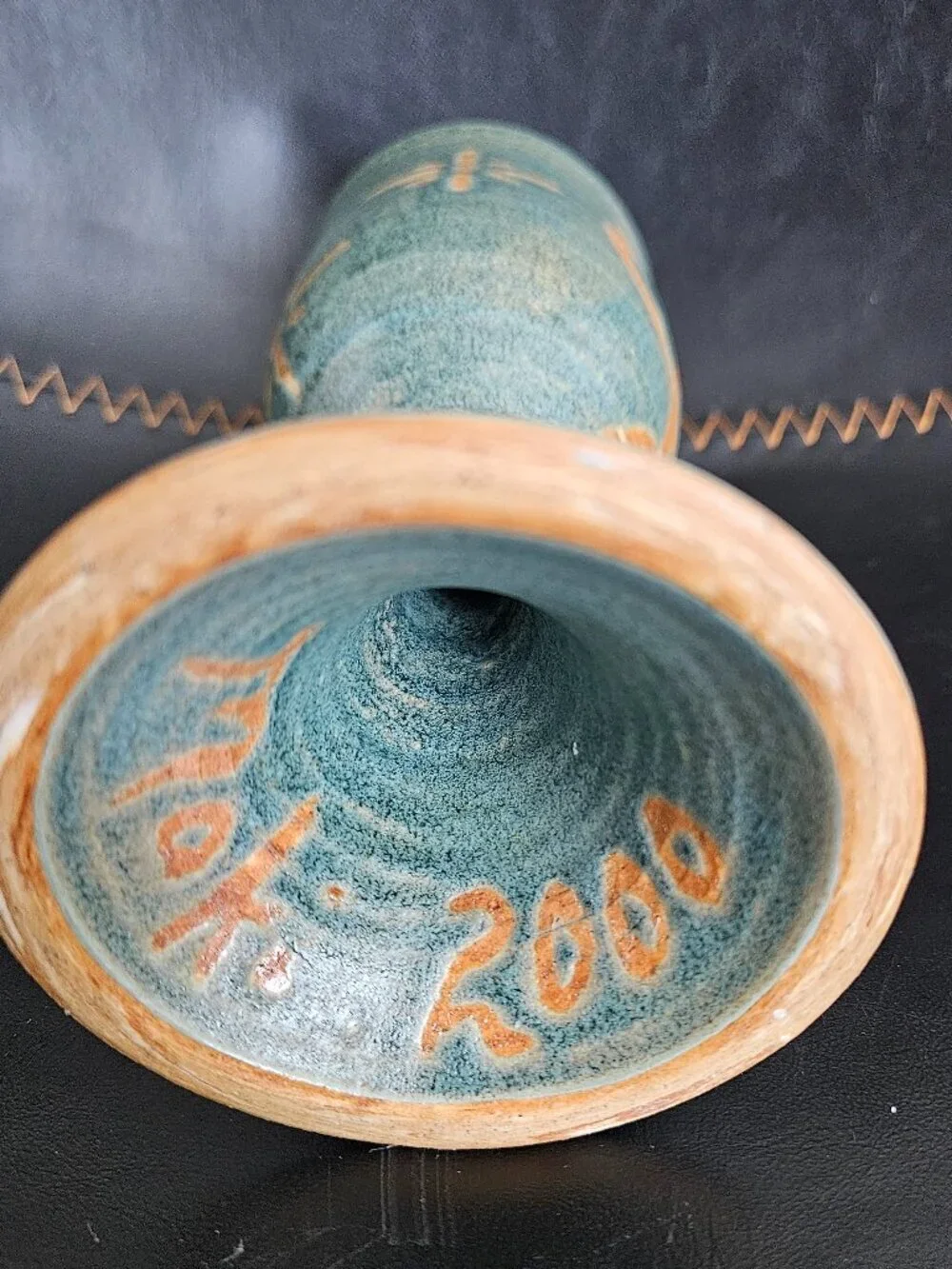 Vintage Kokopelli Studio Pottery Wine Goblet Signed Moki Blue Teal Glazed 2000